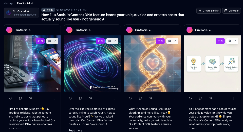 FluxSocial AI-generated content suggestions showing 4 unique posts with captions